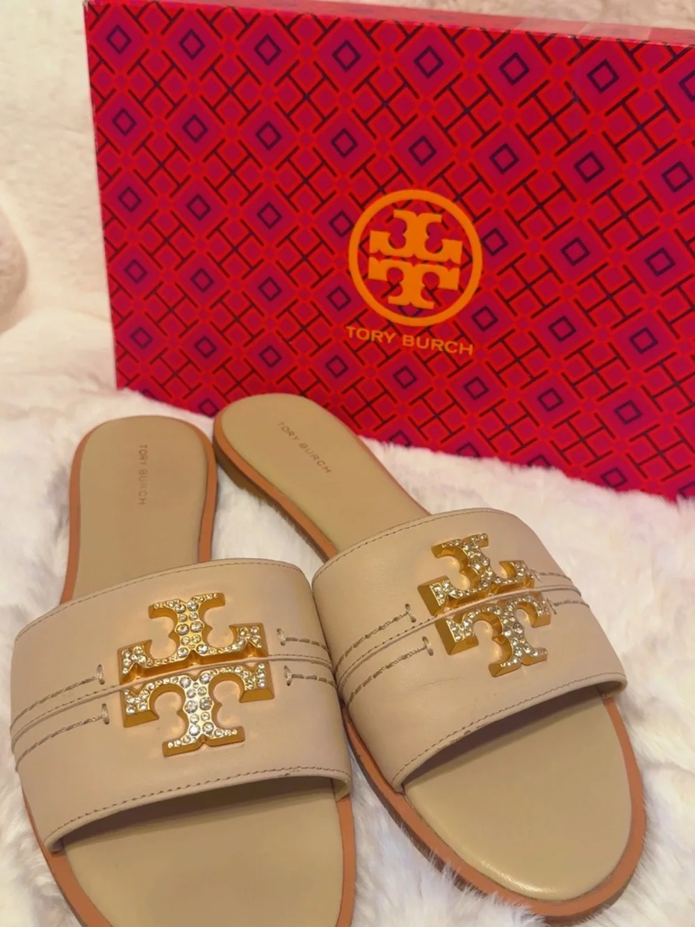 Tory Burch Nude/Beige Miller Crystal Logo Slide Sandals